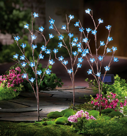 S/3 Solar Led Blue Flower Branch Garden Stakes
